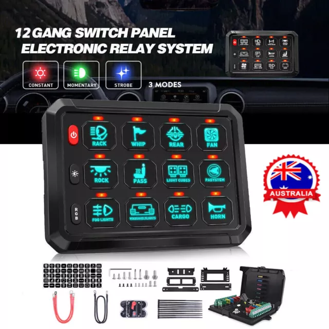 RGB 12 Gang Switch Panel Acc wire ON-OFF Momentary Strobe LED Work Light Bar CAR