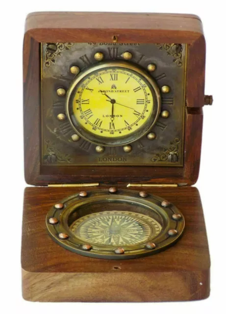 Antik Messing Nautisch Holz Schreibtisch Kompass Mit Maritim Uhr Geschenk Pocket