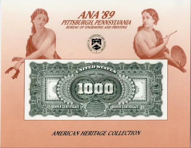 BEP SOUVENIR CARD 1891 $1000 SILVER CERTIFICATE BACK Fr 346e