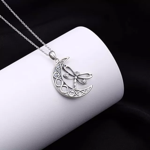 Sterling Silver Dragonfly Moon Necklace Pendant for Women Celtic Jewelry Gift 3