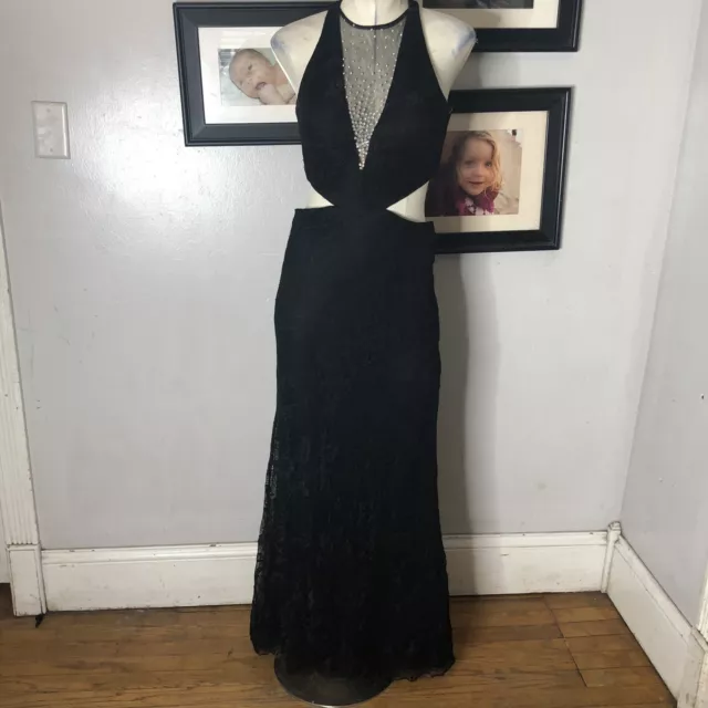 ALYCE PARIS BLACK Lace Sleeveless Long Prom Dress Cutout Jeweled Deep V ...