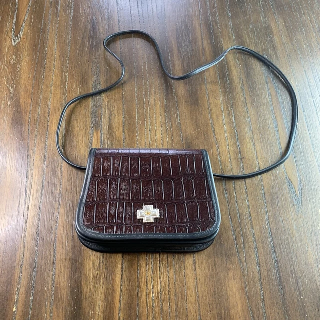 Vintage Leather Croc Embossed Shoulder Crossbody Bag Purse Zippi Brown Black