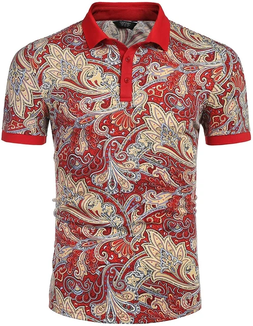 COOFANDY Mens Casual Short Sleeve Polo Shirts Slim Fit Paisley Polo Tee Floral P