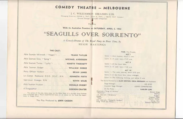 OLD PROGRAMME Comedy Theatre Melbourne Seagulls Over  Sorrento  1952 2