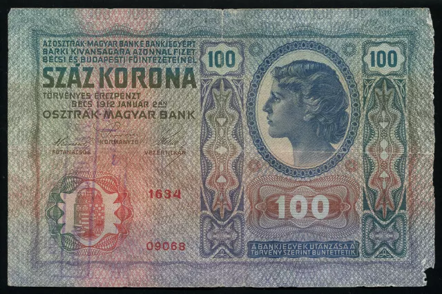 AUSTRIA - 100 Kronen Korona 1912 Banknote P-12 P12 - STAMPED Hungary 1919-JAN-22