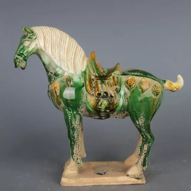 Chinese Tang Tri-Color Glazed Ceramics Green War Horse Porcelain Statue 8.0 inch