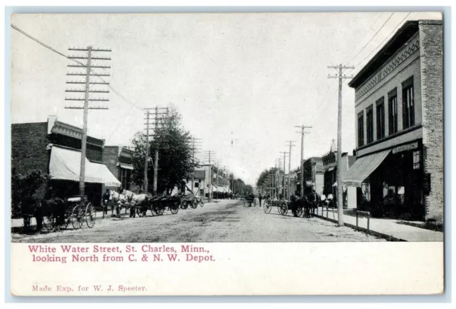 White Water Street Looking North From C & N W Depot St. Charles MN Postcard