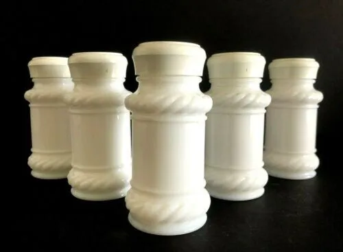 Vintage Set Of 5 Milk Glass Spice Jar Shakers With Rope Design.