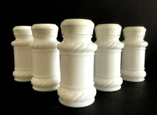 Vintage Set Of 5 Milk Glass Spice Jar Shakers With Rope Design. Vintage Set Of 5 Milk Glass Spice Jar Shakers With Rope Design.