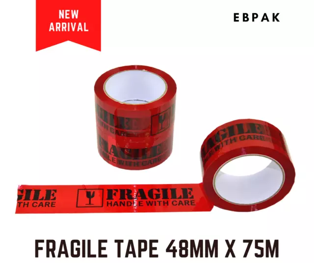 72x Red Black Fragile Packaging Tape  75M x 48mm Colour Packing Tape