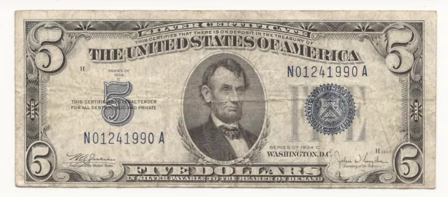 1934-C $5 Dollar Bill Silver Certificate Note Birthday Serial 990A-XP