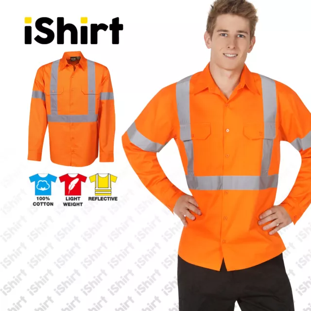 Work Shirt Hi Vis Safety Cotton Drill X- Reflective Tape Full Orange Workwear