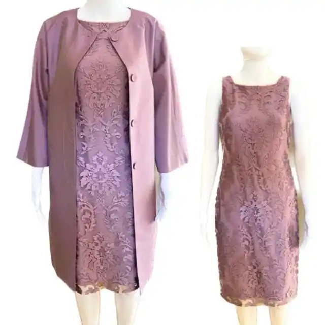 Adrianna Papell Two-Piece Embroidered Lace Sheath Dress w/ Taffeta Topper Size 4