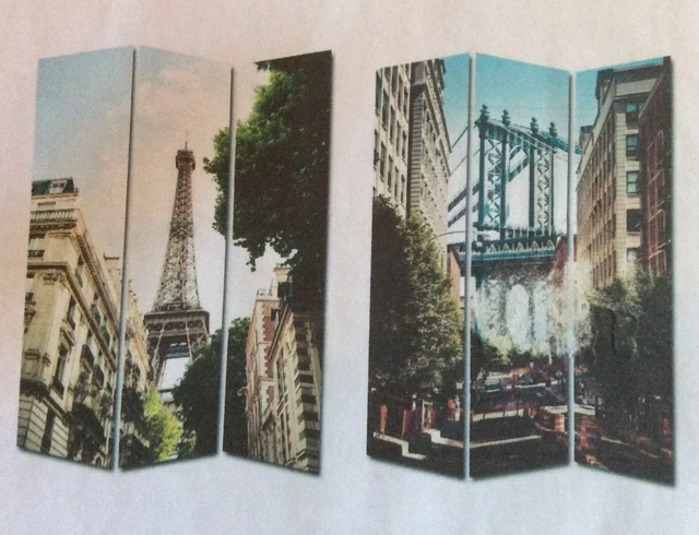 Separe' Paravento Divisorio In Legno E Tela Raffigura Parigi e New York Separe' Paravento Divisorio In Legno E Tela Raffigura Parigi e New York
