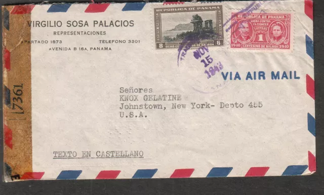 WWII examined by 7361 NY censor cover Virgilio Sosa Placios Avenida B16A Panama