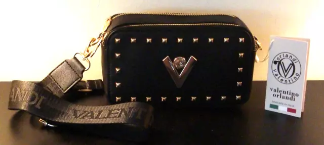 NEW Valentino Orlandi Black Gold Studded Crossbody Shoulder Bag Purse NWT