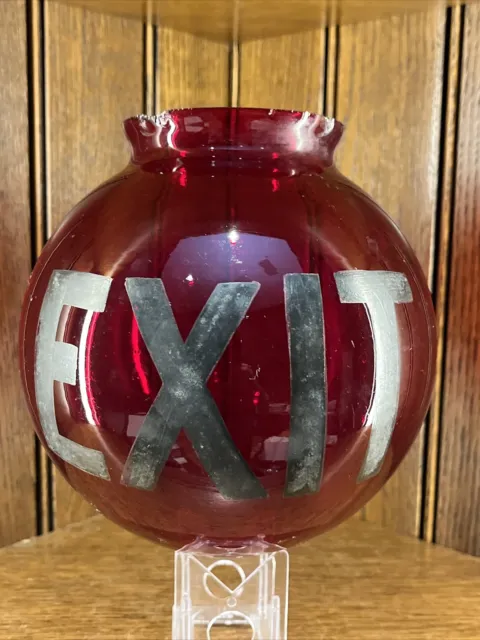 Antique Ruby Red EXIT Round Glass Globe Ceiling Theater Light Sign Art Deco (A)