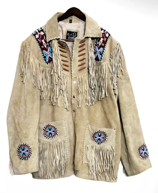 Men's Native American Suede Leather Jacket Fringes & Beads Cowboy Western jacket