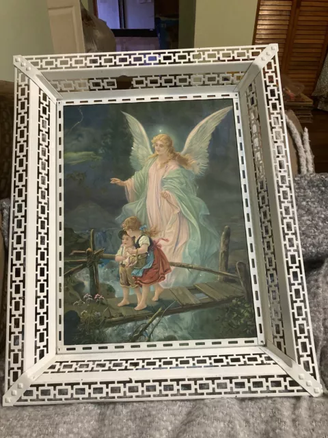 VTG MID CENTURY Religious Angel Child PRINT METAL LATTICE FRAME Kitsch Large