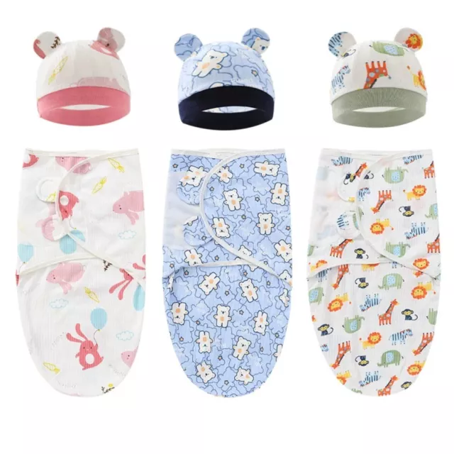 Infant Cartoon Cute Newborn Cotton Swaddle Wrap Hat Set Sleeping Bag