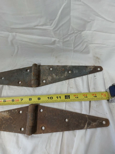 2 Vintage 16'' Farm Barn Door Gate Hand Forged Strap Hinges Great Red Patina 2