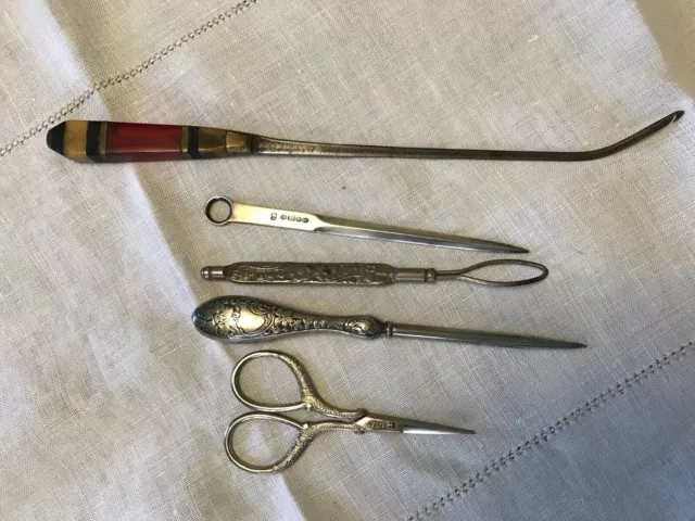 5 Pc Antique silver sewing tools Scissor, Stiletto Awl Button Hook Bakelite Hook