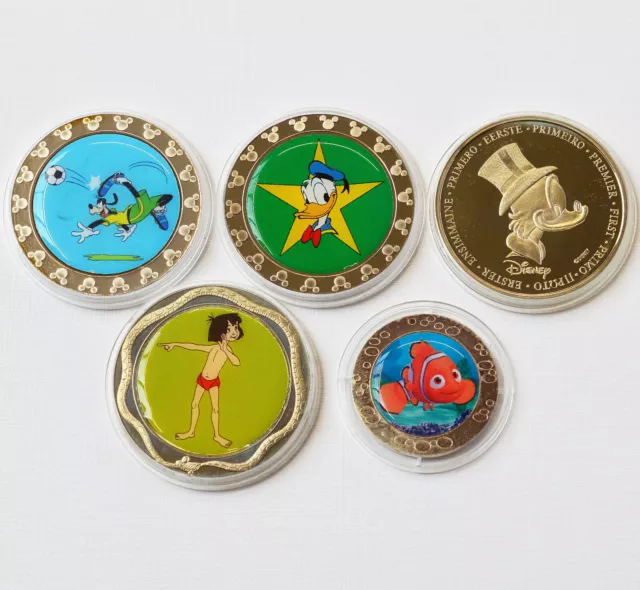 Konvolut Lot Sammlung 5 Medaillen versilbert farbig Disney Nemo Dschungelbuch