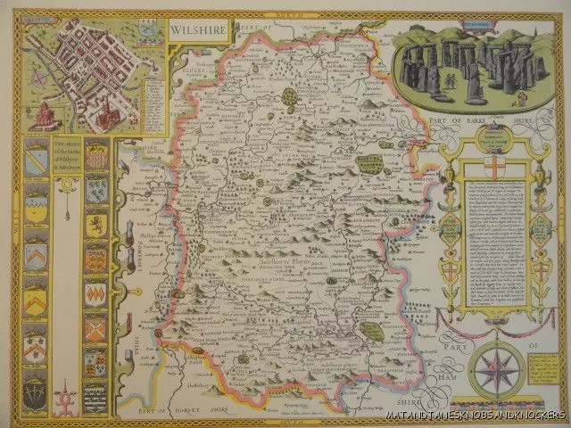 Old Copy Of John Speed Map Of Wilshire Wiltshire Stone Henge Salisbury Town Plan