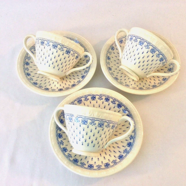 Copeland Spode Spodes Ermine Blue Set 3 Bouillon Cups Saucers 6 Oz Hugs&Kisses