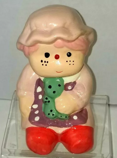 Vintage Chalkware Strawberry Shortcake Pink Bonnet w/Green Bear Piggy Bank 5"