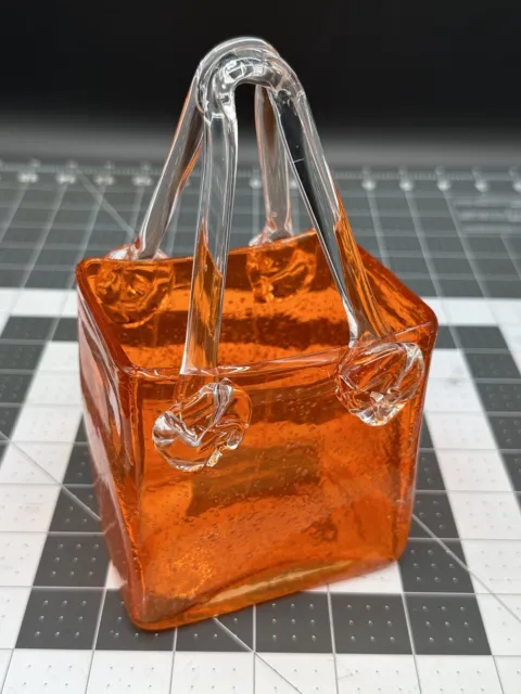 Vintage Hand Blown Art Glass Purse Vase Amber/Orange With Bubbles
