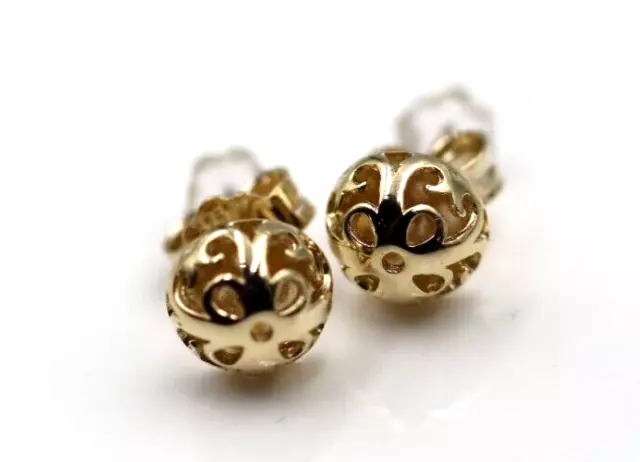 Genuine New 9ct 9k Yellow Gold 8mm Filigree Stud Half Ball Earrings *Free post