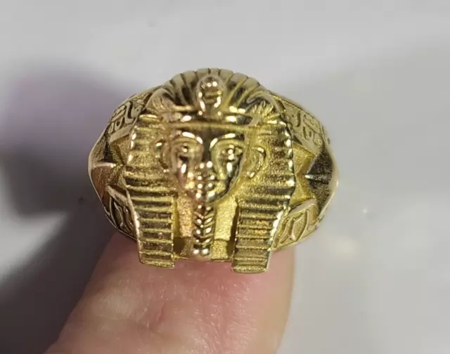 Egyptian 18K Gold Plated Metal Ring Mask Of Tutankhamun Pharaoh King Tut Sz 10