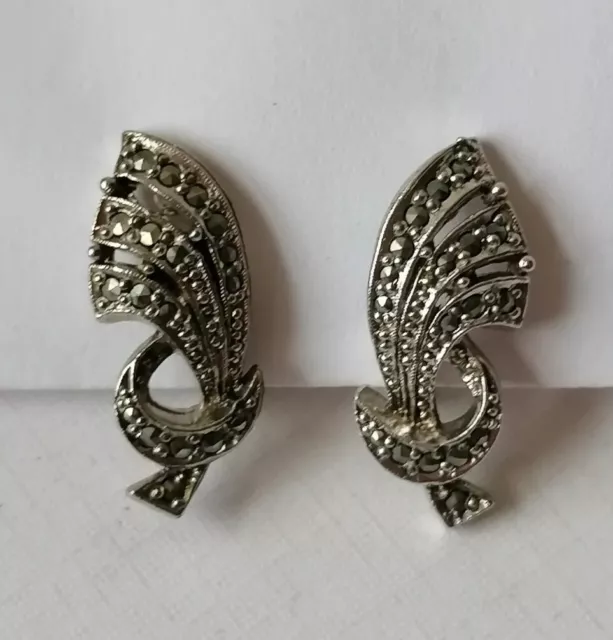 Vintage 1940s Earrings Marcasite Leaf Silver Tone Clip On Retro