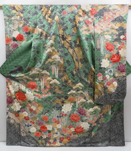 3014T03z1390  Japanese Kimono Silk FURISODE Peony Dull green