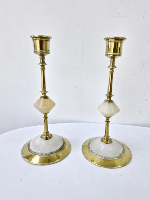 Paire De Bougeoirs Anciens En Laiton Et Albâtre – Déco Vintage