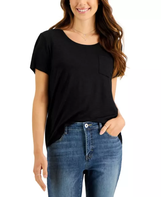 MSRP $20 Style & Co Women Draped One-Pocket T-Shirt Black Size Small