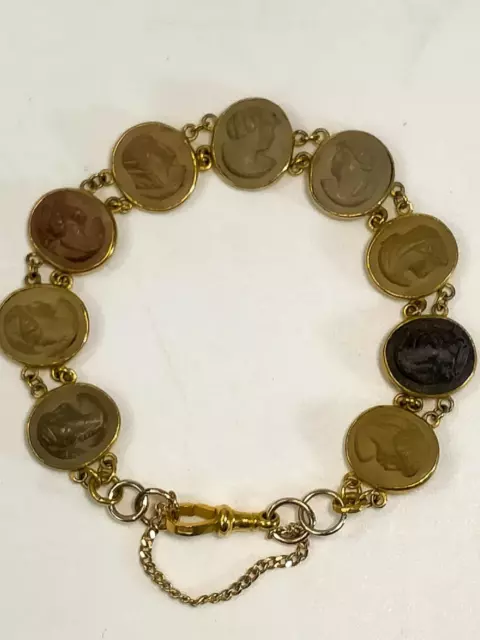 Victorian Carved Lava Cameo Italian Tour Bracelet 9ct Gold with safety chain.