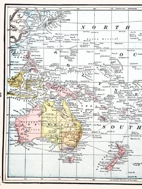 1889 Oceanica Map Australia Philippines Hawaii Sandwich Isles Borneo ORIGINAL