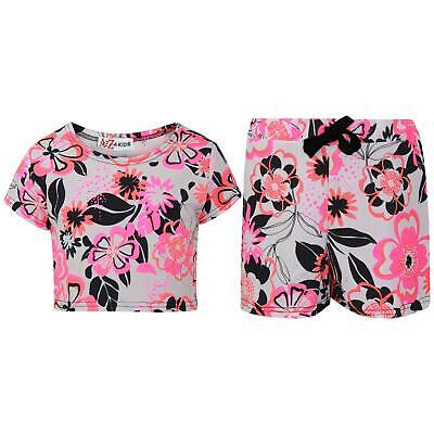 Bambine Crop Top & Shorts Neon Rosa a Fiori Moda Estate Vestito Corto Set