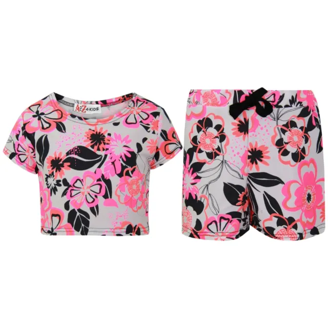 Kids Girls Crop Top & Shorts Neon Pink Floral Fashion Summer Outfit Short Sets