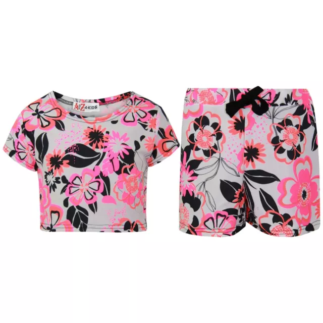 Kids Girls Crop Top & Shorts Neon Pink Floral Fashion Summer Outfit Short Sets