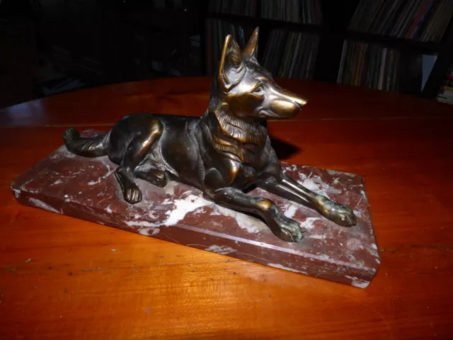 Art Deco Animal Sculpture Chien Shepherd German Regulate Patina Bronze Marble 3