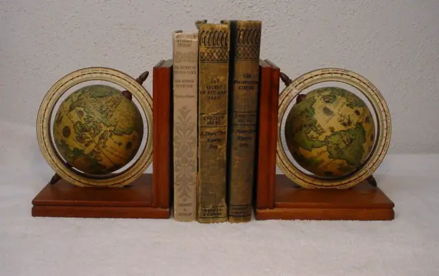 Vintage Spinning Globe Wood Bookends Old World Map Rotating Taiwan