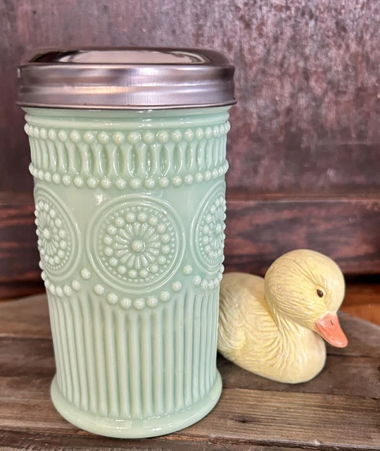 Vintage Farm Kitchen JADEITE GREEN GLASS SUGAR SHAKER HOOSIER pc.