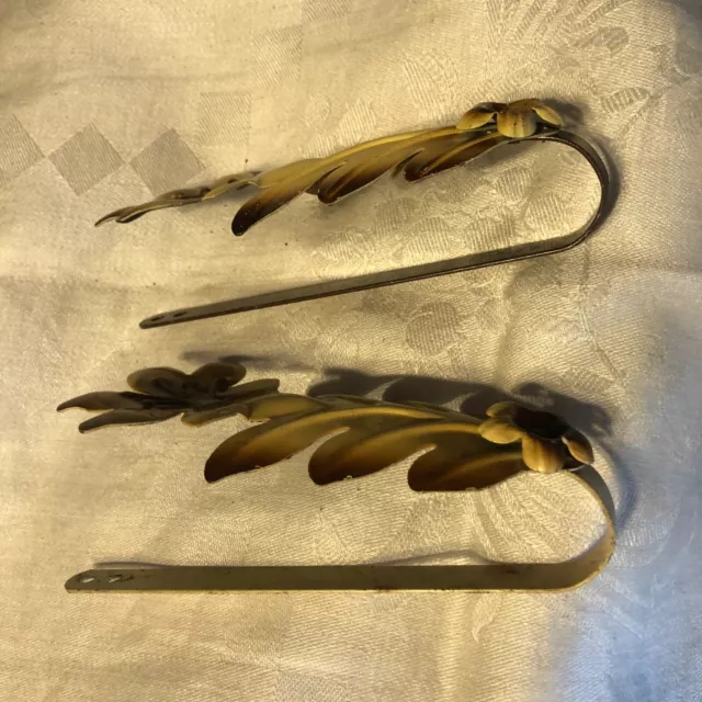 Vintage  Drapery Curtain Pull Back Ties  Embossed Metal Yellow Brown Leaf Floral 5
