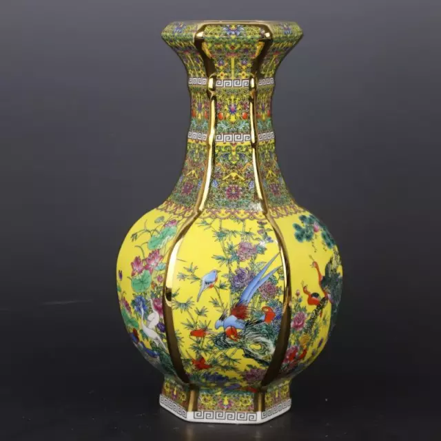 Chinese Yellow Enamel Porcelain Qing Qianlong Flowers Bird Design Vase 15 inch