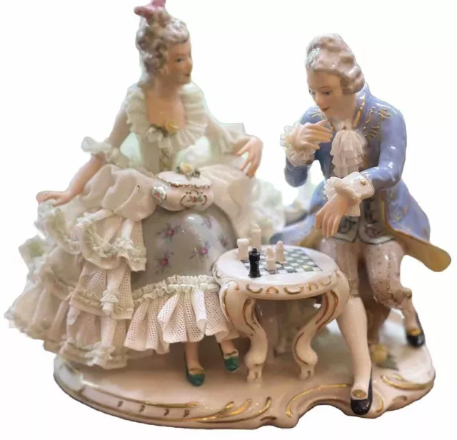 Sandizell Hoffner DRESDEN Lace Porcelain Couple Playing Chess Figural Pls READ