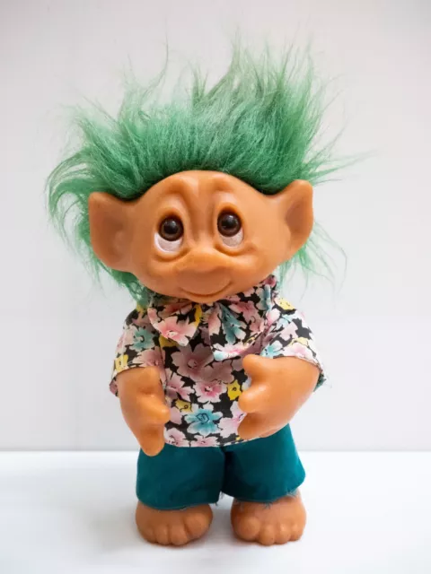 Vintage Thomas Dam Troll - grüne Haare & Kleidung - 20cm - 1977 Made in Denmark