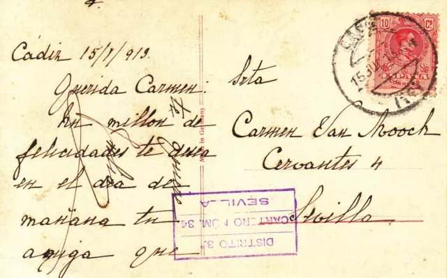 Crcar149 Tarjeta Postal De Cadiz A Sevilla Con Sello Nº 269.   Ver Descripcion